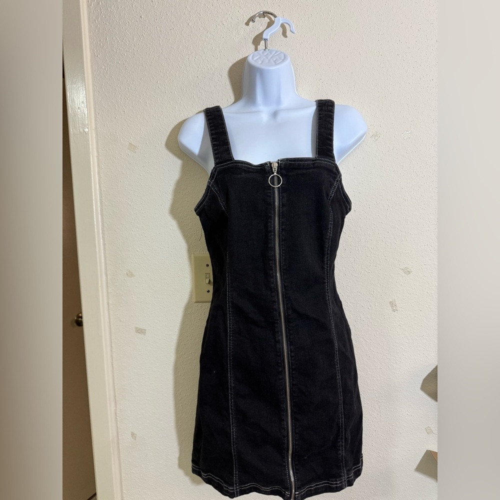 Topshop Stitch Denim Zip Pinafore Singlet Overall Dress Black Size 8 Body-core
